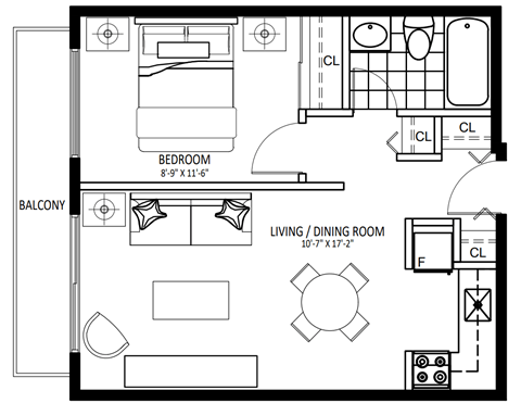 Floor plan for 1 bed, 1 bath, 460 sqft